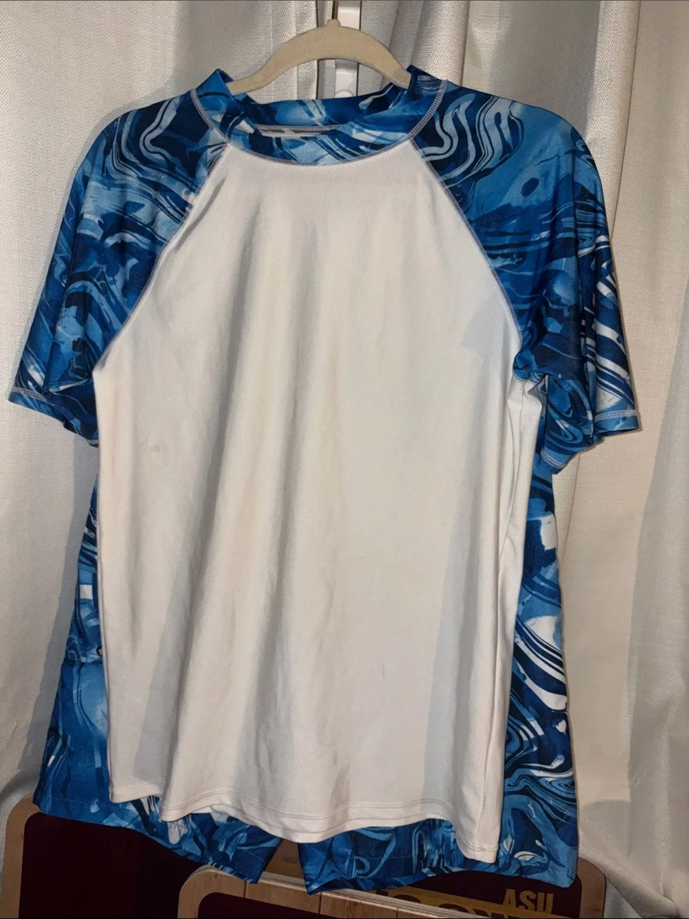 Kids White Rash Guard with Blue Marble Sleeves